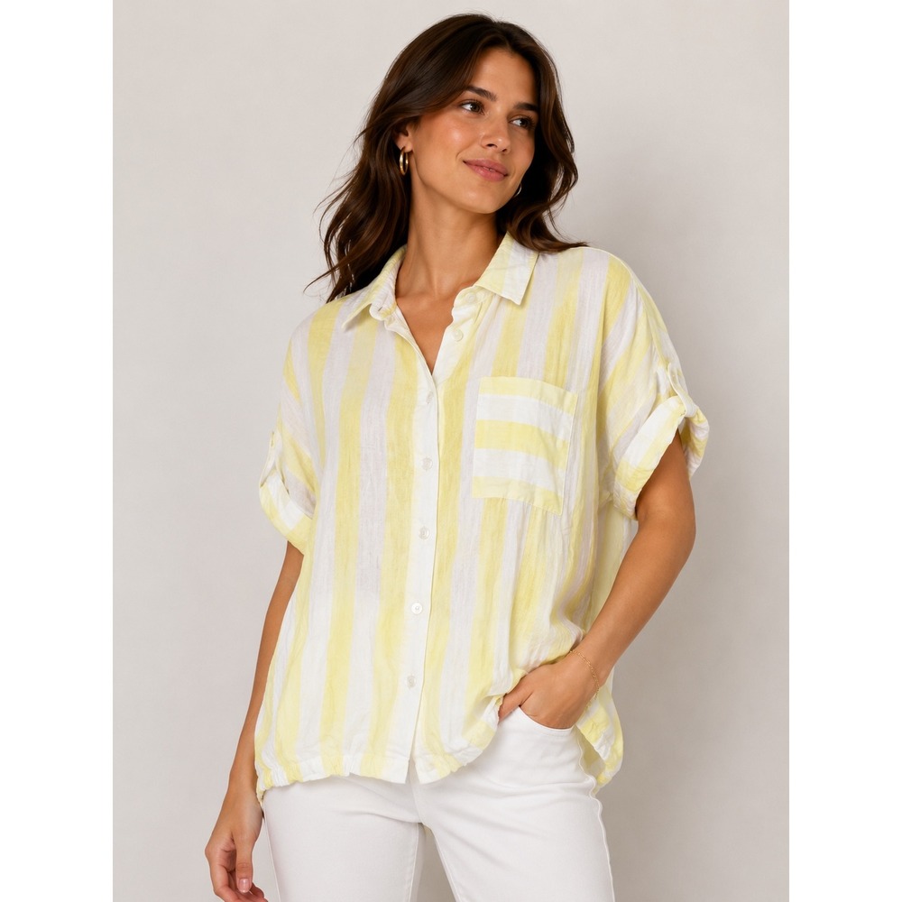 Jane + Delancey Yellow White Striped Rayon Short Sleeve Button Down Shirt‎ Large